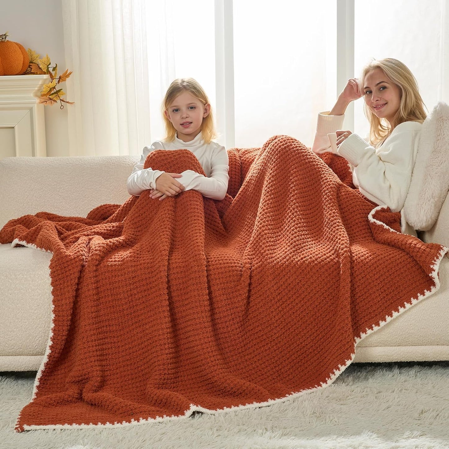 Snuggle Sac Orange Waffle Blanket for Couch Bed Sofa 60x80 inches, Reversible Soft Throw Microfiber Fluffy Fuzzy Cozy Knit Twin Blanket for Women Mothers Birthday Gifts
