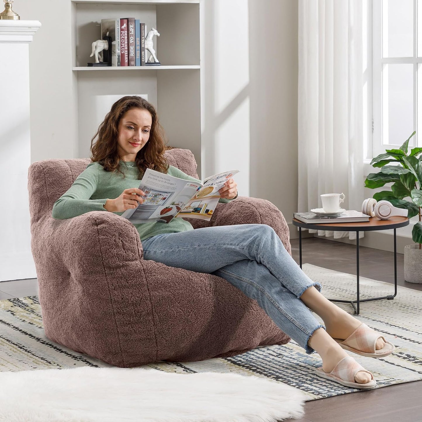 Recaceik Bean Bag Chairs, Tufted Soft Stuffed Bean Bag Chair with Filler, Fluffy Lazy Sofa Chair Lounger, Comfy Giant Bean Bag Chair for Bedroom, Living Room, Brown