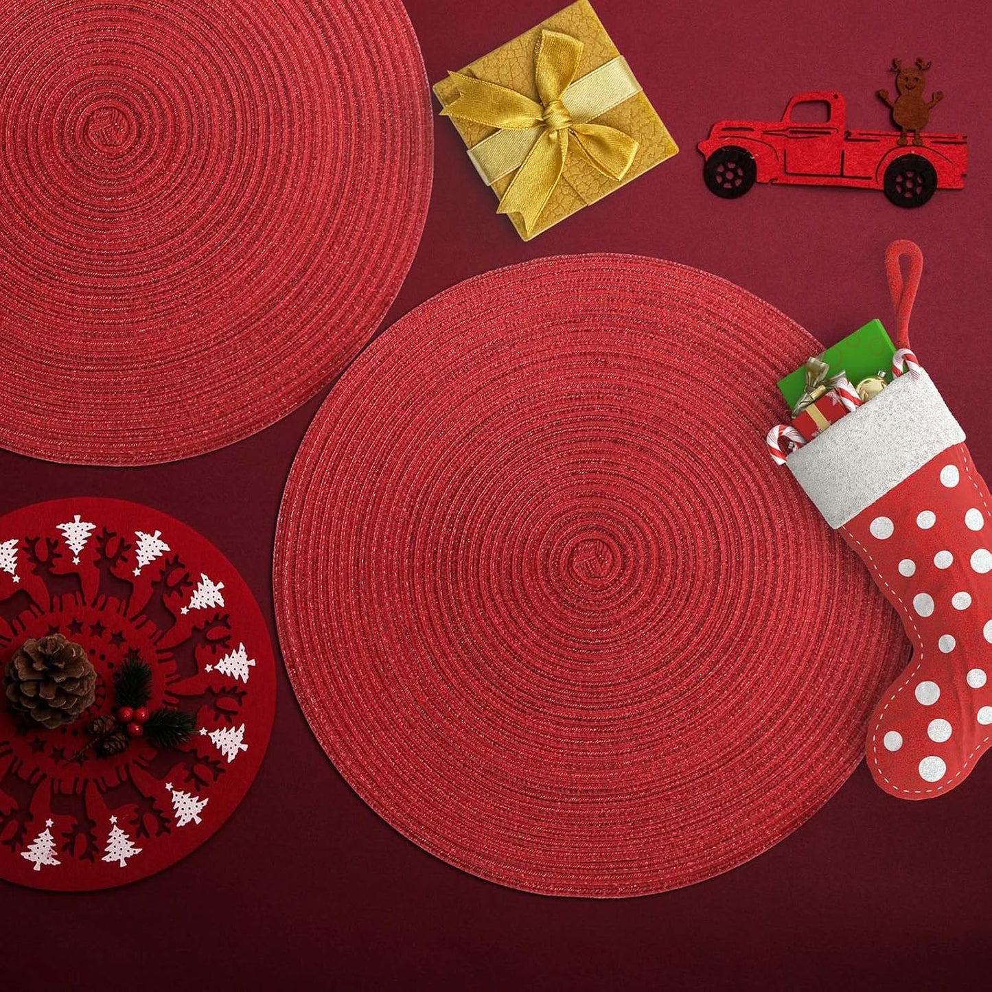 AHHFSMEI Round Braided Placemats Set of 6 Round Table Mats for Dining Tables Natural Woven Heat Resistant Place mats 15 Inch (Christmas red, 6)