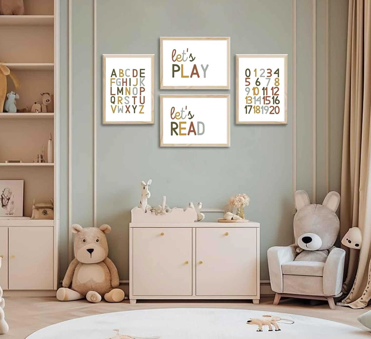 4 Pcs Boho Playroom Canvas Wall Art Nursery Toddler Educational Let's Read Let's Play Painting Pictures Wall Decor Posters Print Artwork for Girl Boy Childs Room Classroom Home Decoration Unframed