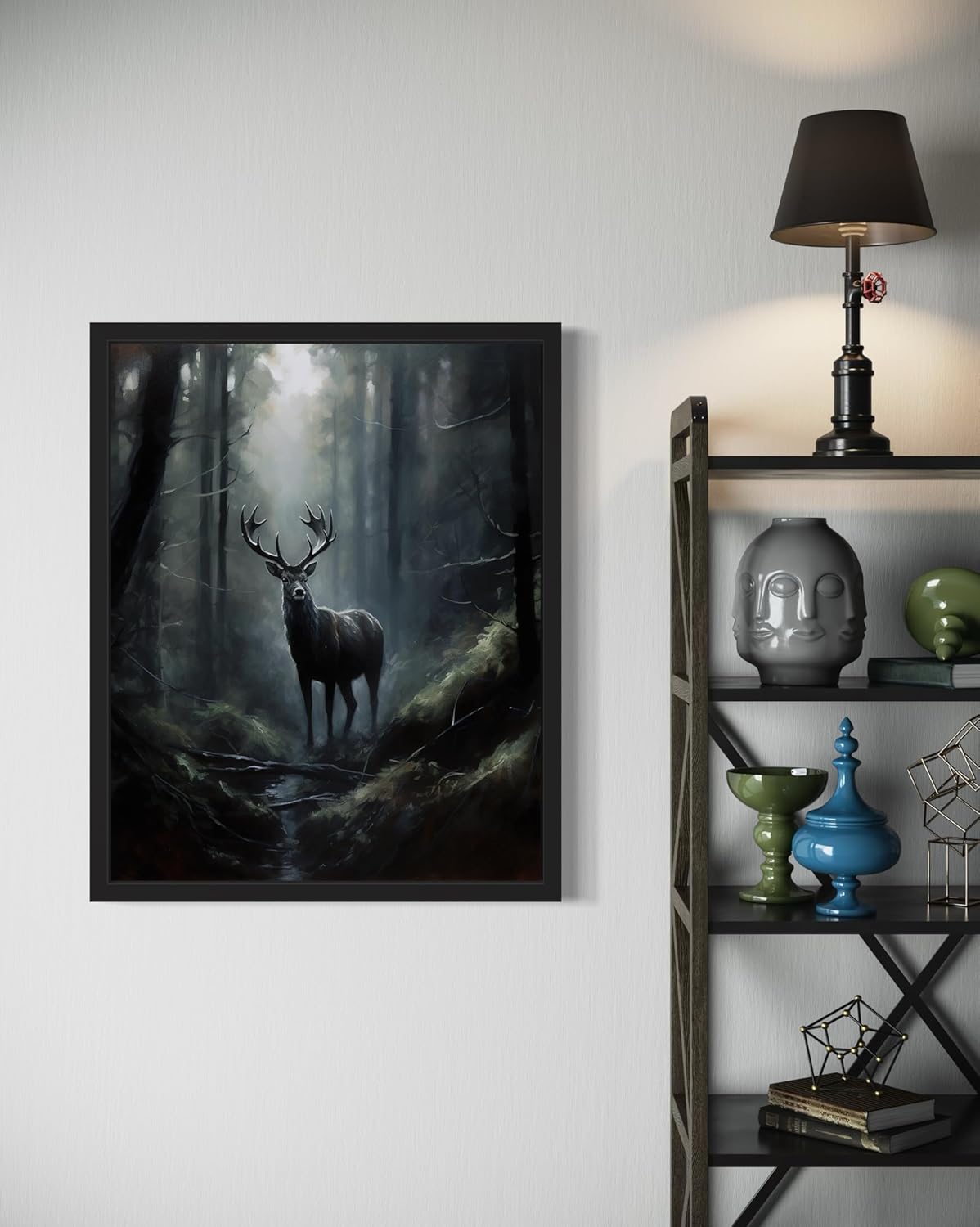 Deer in Forest Poster Art Print, Halloween Scary Vintage Wall Art Academia Spooky Painting Decoration for Horror Prints, Gothic Posters Bedroom Decor 89 (Deer in Forest, 8 x 10 inches, Black Frame)
