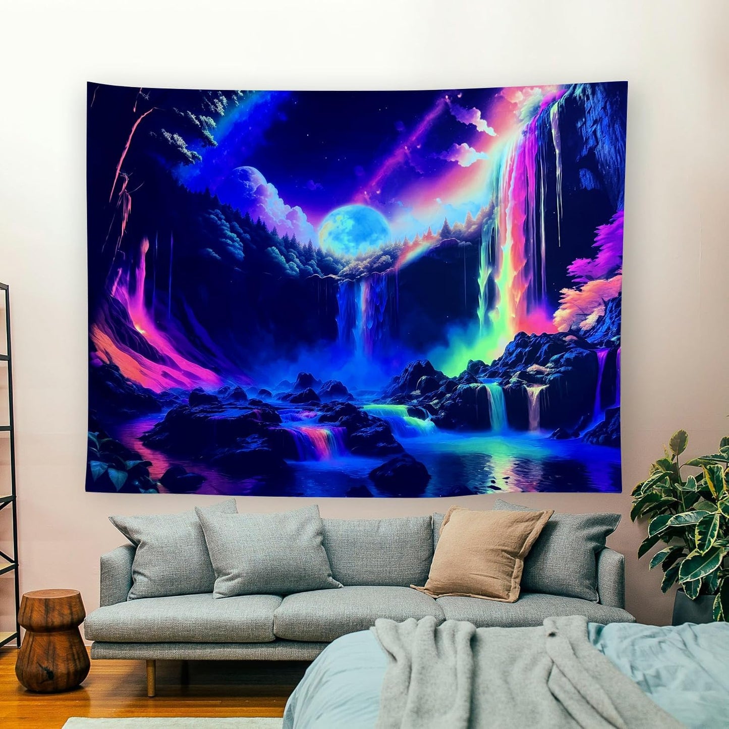 OSVINO Blacklight Rainbow Waterfall Tapestry 59"x51" UV Reactive Trippy Wall Hanging Rainbow Aesthetic Waterfall Wall Posters Bedroom Spiritual Room Decor