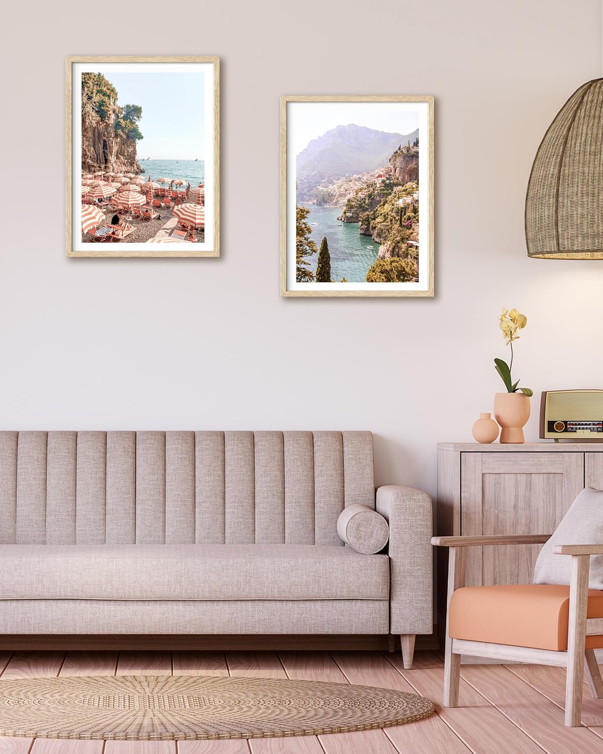 HesenDot Natural OAK Wood Framed Italy Coastal Wall Art,12x16in Amalfi Coast Canvas Wall Print,Positano Seascape Boho Poster Wall Decor for Living Room,Bedroom,Office Gallery Set of 1