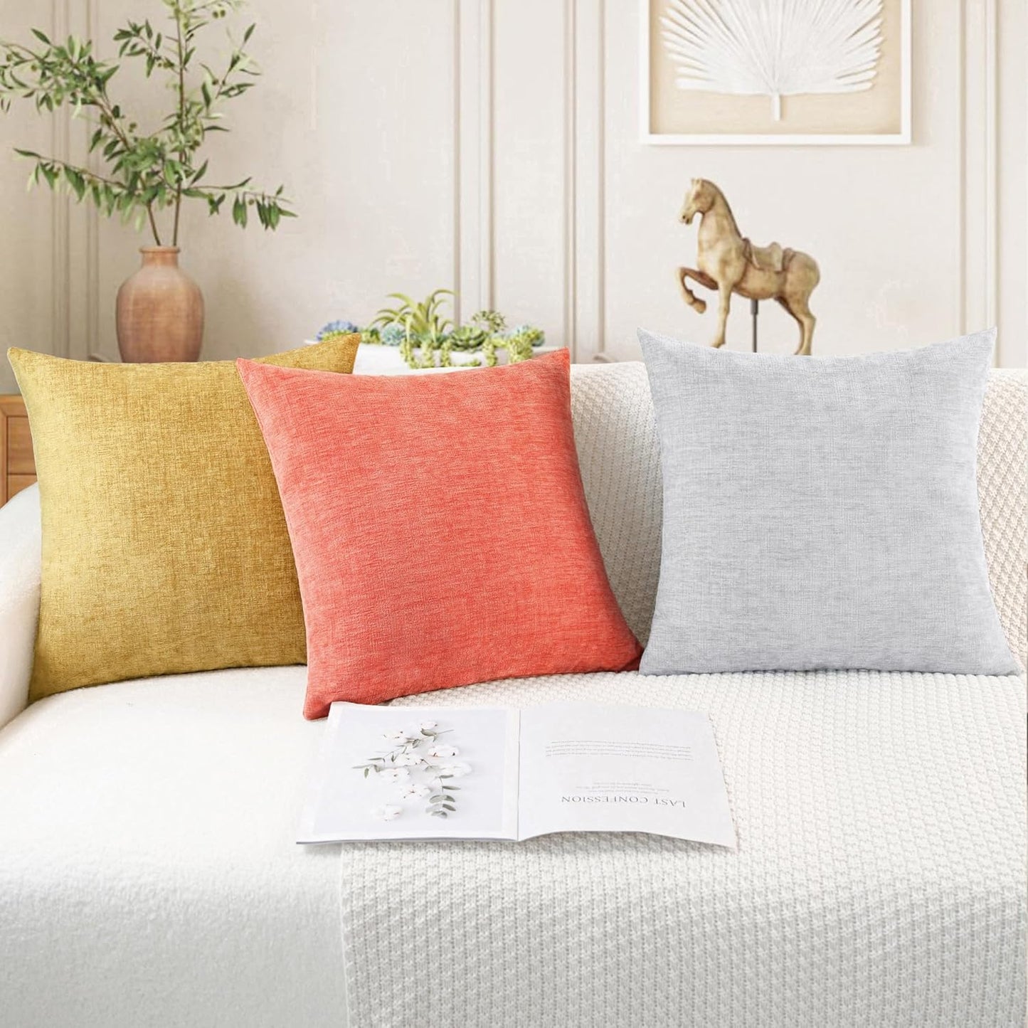 CaliTime Throw Pillow Covers Decorative 26 X 26 Inches Pack of 2 Cozy Chenille Cushion Cases for Couch Sofa Bed Living Room Home Living Coral