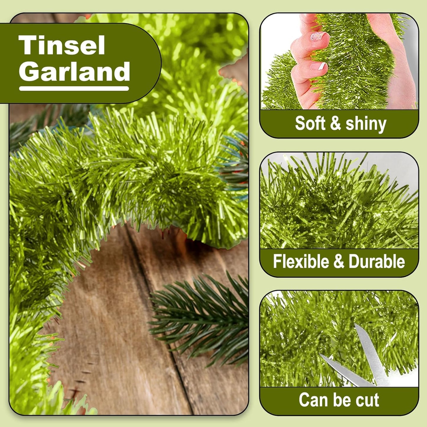 50 Feet Metallic Twist Tinsel Garland - Wall Hanging Backdrop for Parade Floats, Christmas Eve, New Year, Valentine's Day Parties (Light Green, 2in x 50ft)