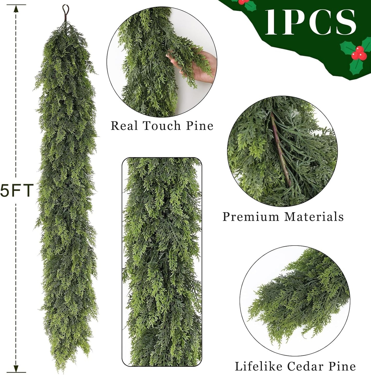 5FT Real Touch Cedar Garland - Artificial Christmas Garland Fake Green Faux Thick and Lush Pine Needles Garlands for Table Fireplace Mantle Holiday Home Indoor Outdoor Decor (1PCS)