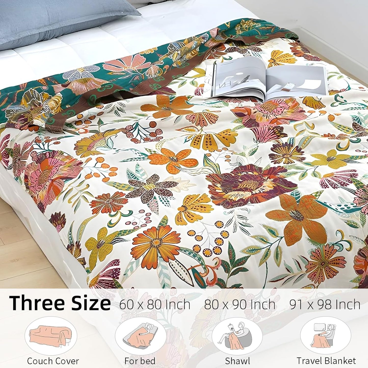 Boho Throw Blanket for Bed - 100% Pure Cotton Ultra Soft Rustic Quilt - Farmhouse Decor Bed Blankets, All Season Rustic Throw for Sofa Couch Chair(91''x 98'', Floral Blossom)