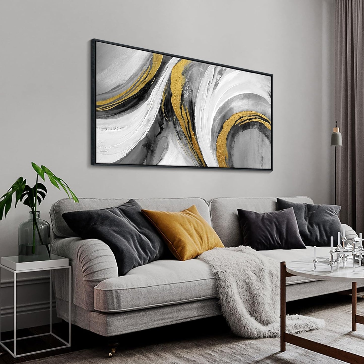 Large Abstract Wall Art, Black White and Gold Texture Graffiti Framed Paintings Modern Gallery Picture Artwork for Living Room Bedroom Office Home Decor 20x40 In