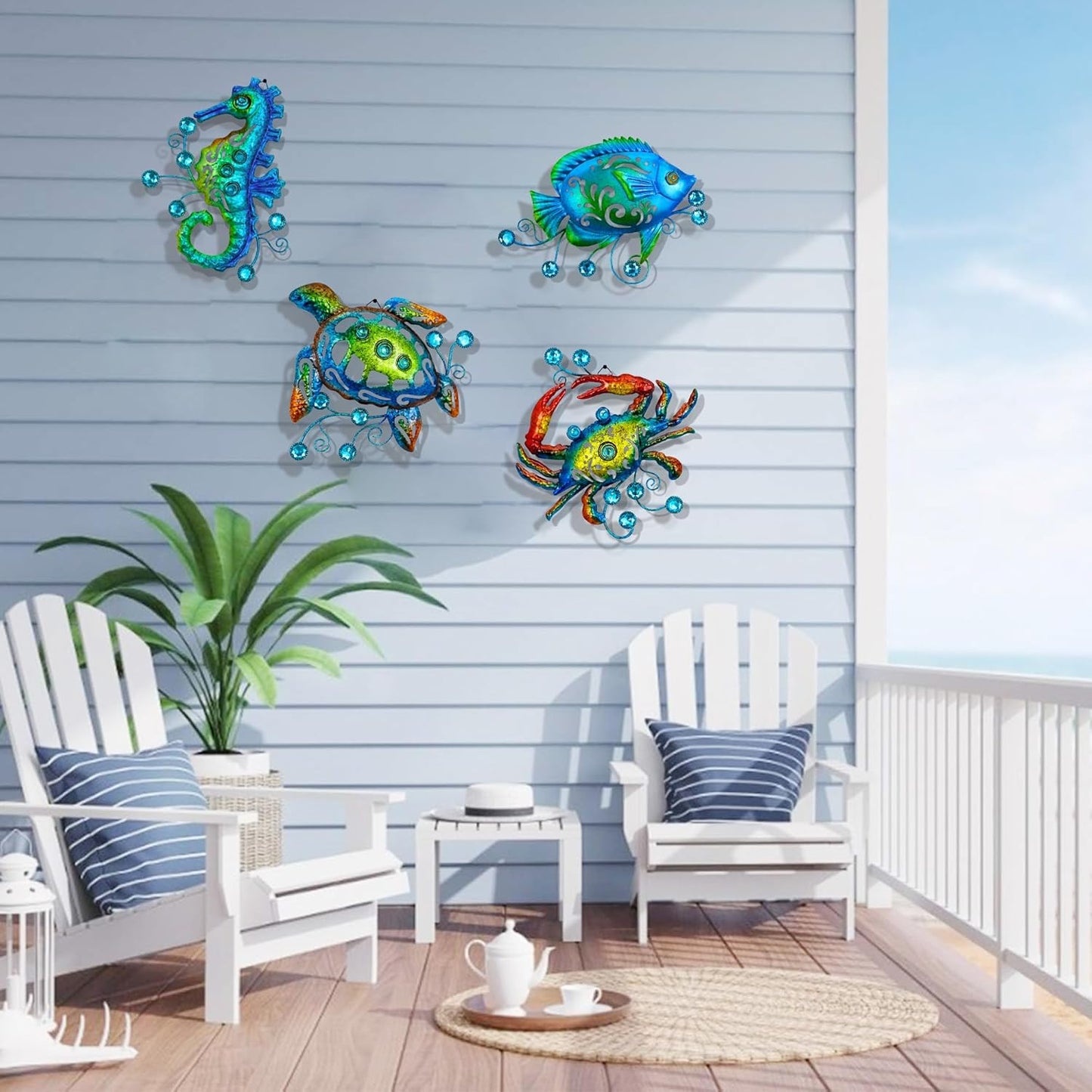Metal Ocean Beach Theme Wall Decor Art, Set of 4 Sea Turtle Seahorse Crab Tropical Fish Indoor Bathroom Décor, 11 Inch Deep Blue Sea Wall Christmas Decoration, Metal Outdoor Yard Art Decorations