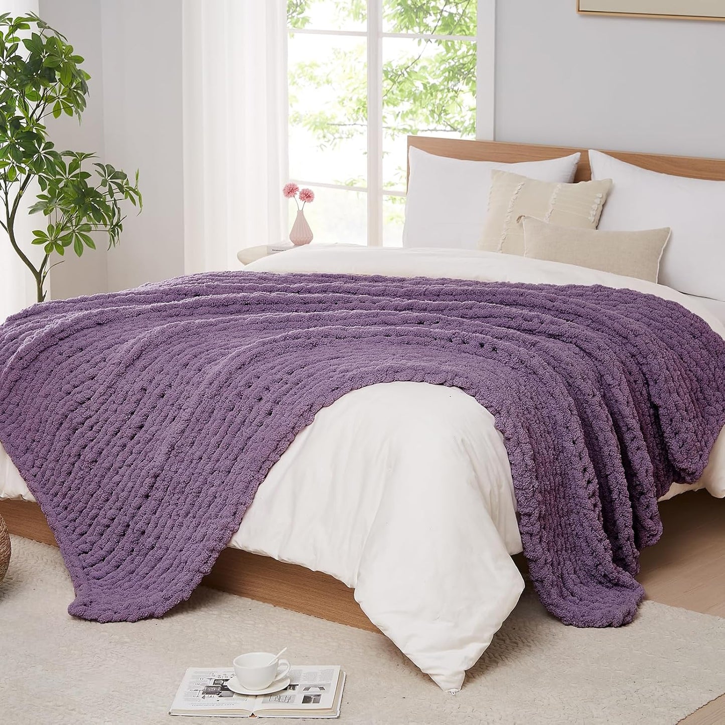 L'AGRATY Chunky Knit Blanket Throw: 50''x60'' Chenille Chunky Knitted Throw Blanket for Bed Couch - Handmade Thick Big Cable Knit Blanket - Large Crochet Rope Blanket for Home Decor(Deep Purple)