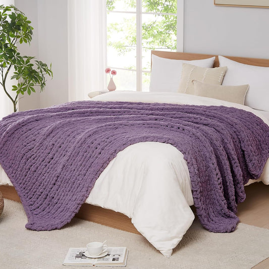 L'AGRATY Chunky Knit Blanket Throw: 50''x60'' Chenille Chunky Knitted Throw Blanket for Bed Couch - Handmade Thick Big Cable Knit Blanket - Large Crochet Rope Blanket for Home Decor(Deep Purple)