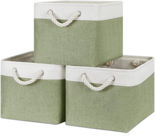 Bidtakay Large Fabric Baskets for Organizing [3-pack] Closet Organizers and Storage Baskets for Gifts Empty Foldable Nursery Baskets for Toy Storage 15 X 11 X 9.5 Inches (White&green)