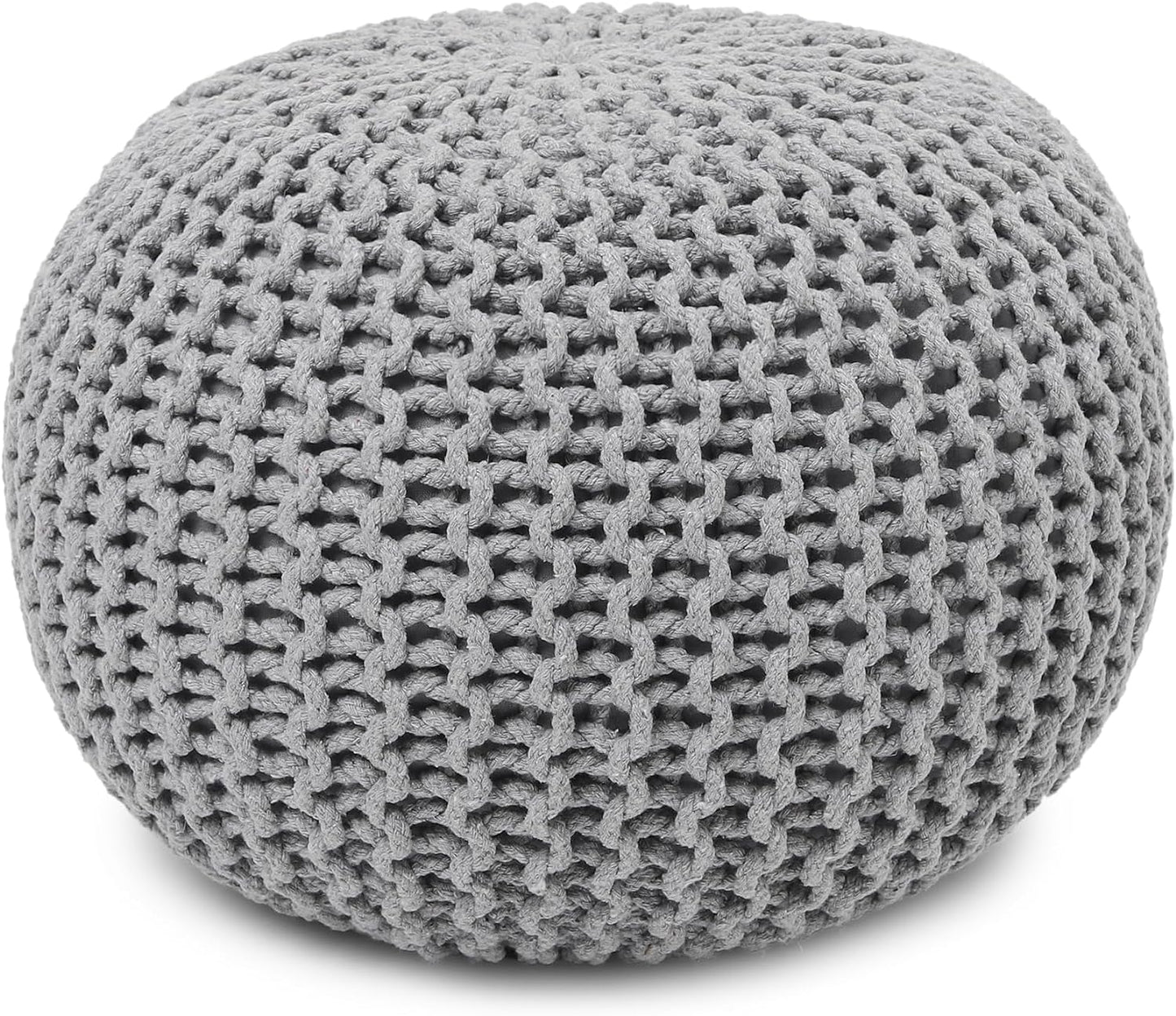 REDEARTH Round Boho Pouf Ottoman - Cable Knitted Cord Boho Pouffe - Stuffed Poof Accent Beanbag Footrest for Living Room - Nursery - Bedroom - Covered Patio - Study Nook (19.5"x19.5"x14") - Gray