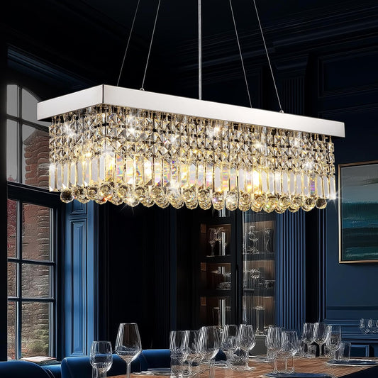 Modern Crystal Chandelier for Dining Room,6 Light K9 Crystal Rectangle Chandelier, Rectangular Pendant Ceiling Light Fixture for Living Room Kitchen Island L31.5''xW10''xH10''
