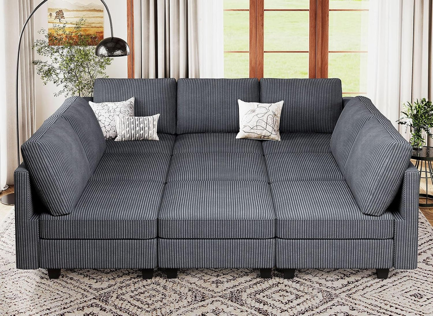 Belffin Corduroy Modular Sectional Sofa 9 Seat Convertible Sectional Sleeper Sofa Bed with Storage Ottomans Modular Sectional Couch Bed for Living Room Dark Grey