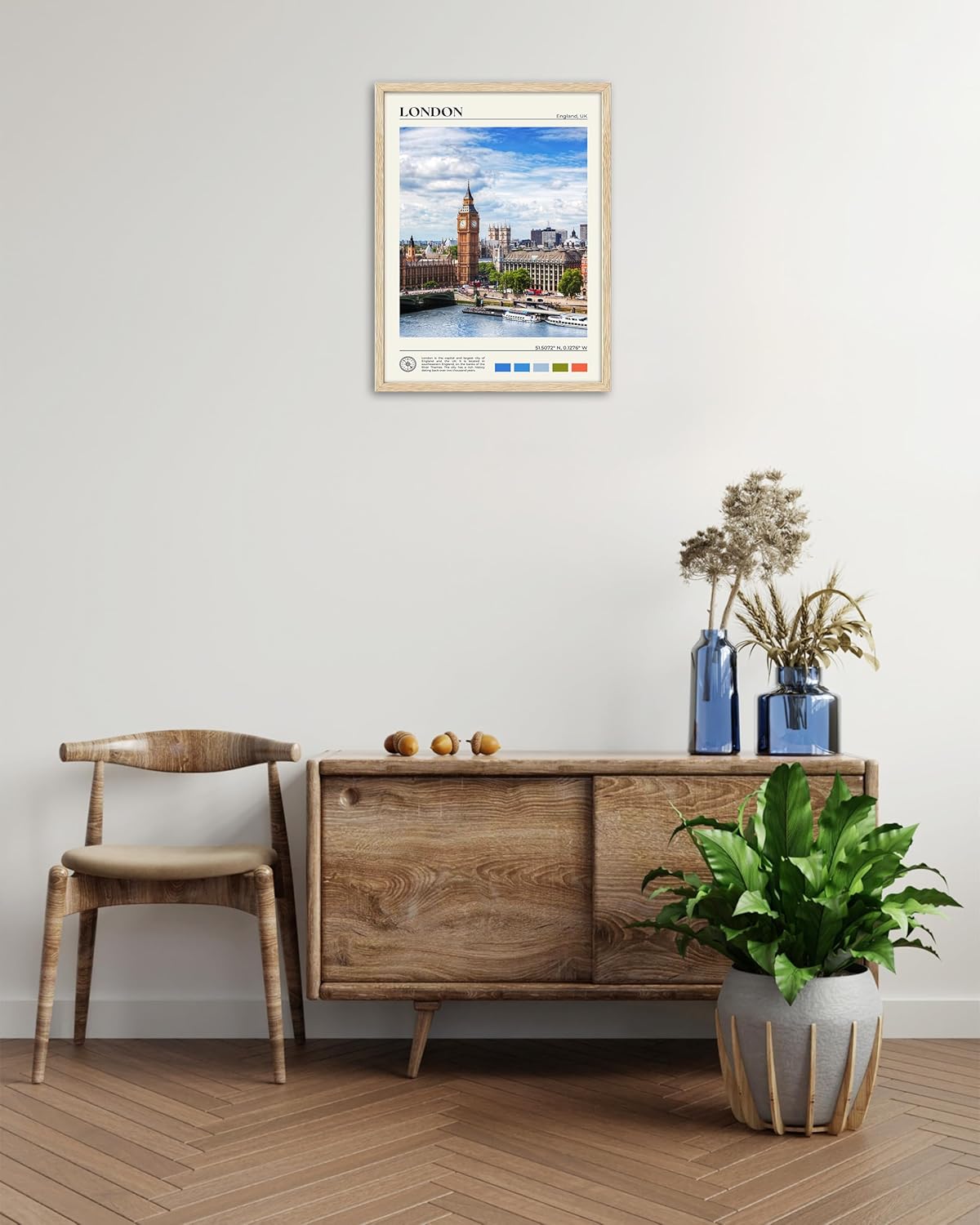 HesenDot Natural OAK Wood Framed London Wall Art,12x16in Cityscape Wall Print Posters,Classic Urban Landmark Wall Decor for Living Room,Bedroom,Office Set of 1