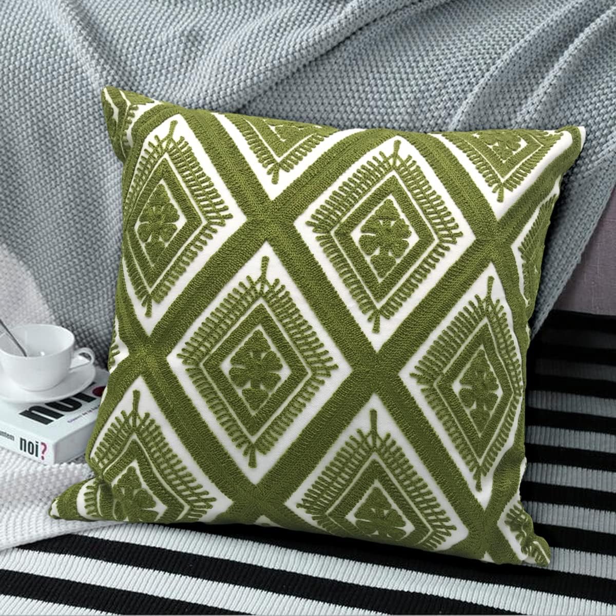 Alysheer Embroidered Decorative Throw Pillow Covers 18x18 inches Set of 2 Pieces, Boho Geometric Modern Chic Classic Pattern Cotton Cushion Cases for Sofa Couch Bed Living Room(Olive Green)