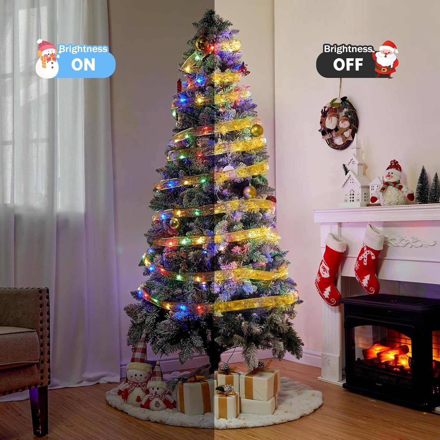 2 Pack Christmas Tree String Lights - 33ft 100 LED Battery Powered Fairy Lights with Timer and 8 Lighting Modes, Gold Ribbon Bows Lights for 6ft - 8ft Christmas Tree Decor, Multi-color