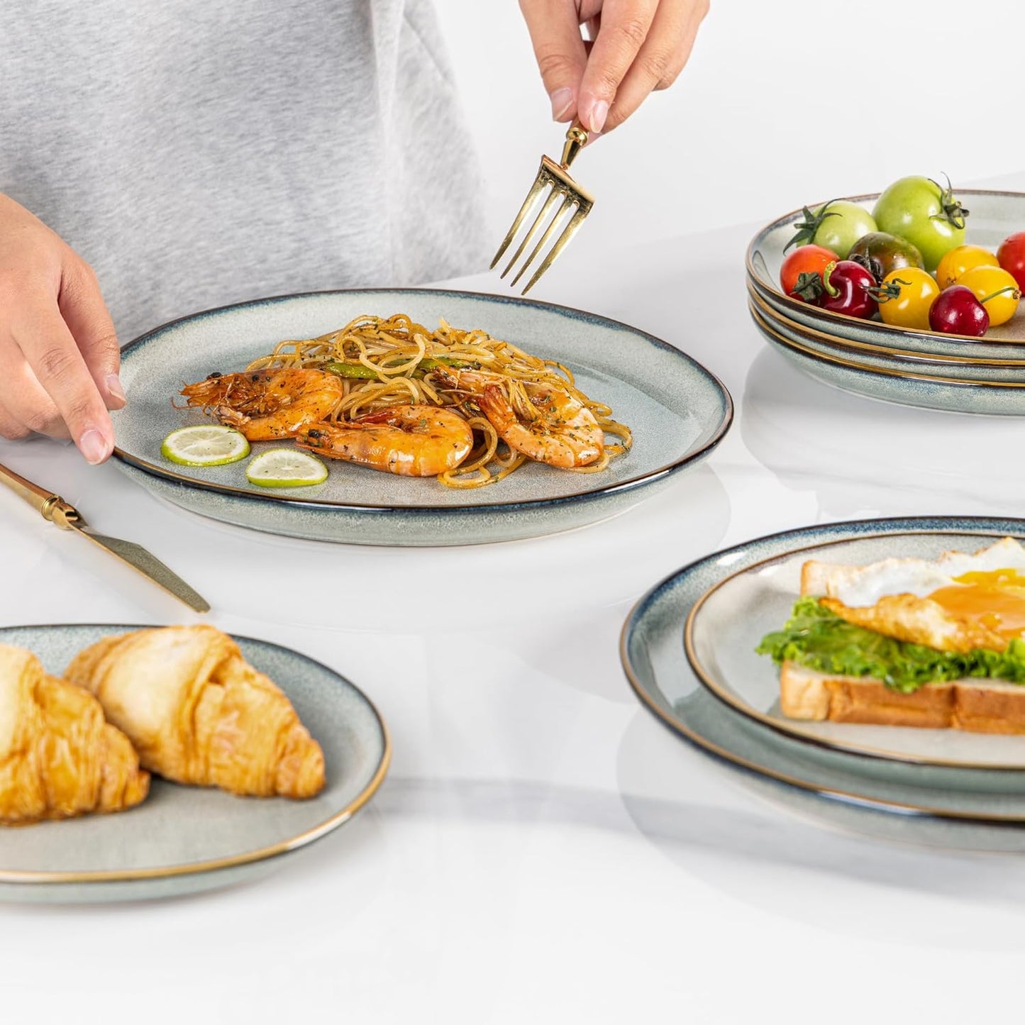 AmorArc Ceramic Dinnerware Sets,Handmade Reactive Glaze Stoneware Plates and Bowls Sets,Highly Chip and Crack Resistant | Dishwasher & Microwave Safe Dishes Set,Service for 4 (12pc)