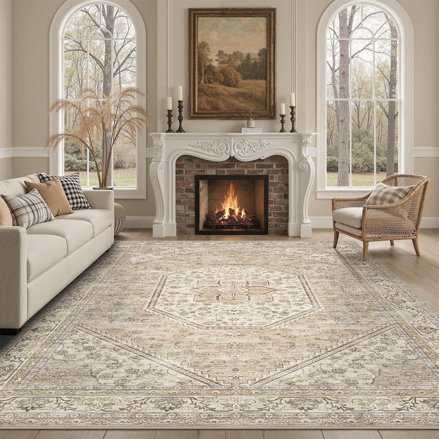 DCX Machine Washable Brown and Beige Area Rug 5x7, Non Slip Stain Resistant Vintage Floral Rug for Living Room Bedroom Nursery, Soft Low Pile Large Carpet