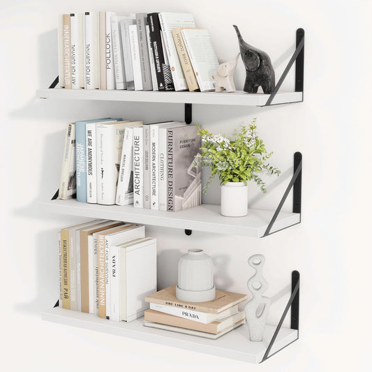 Heimlove 24 Inches White Floating Shelves,8 Inches Deep Wall Bookshelf Mounted Display&Storage Wood Wall Shelves for Kitchen Bathroom Laundry Living Room,Set of 3