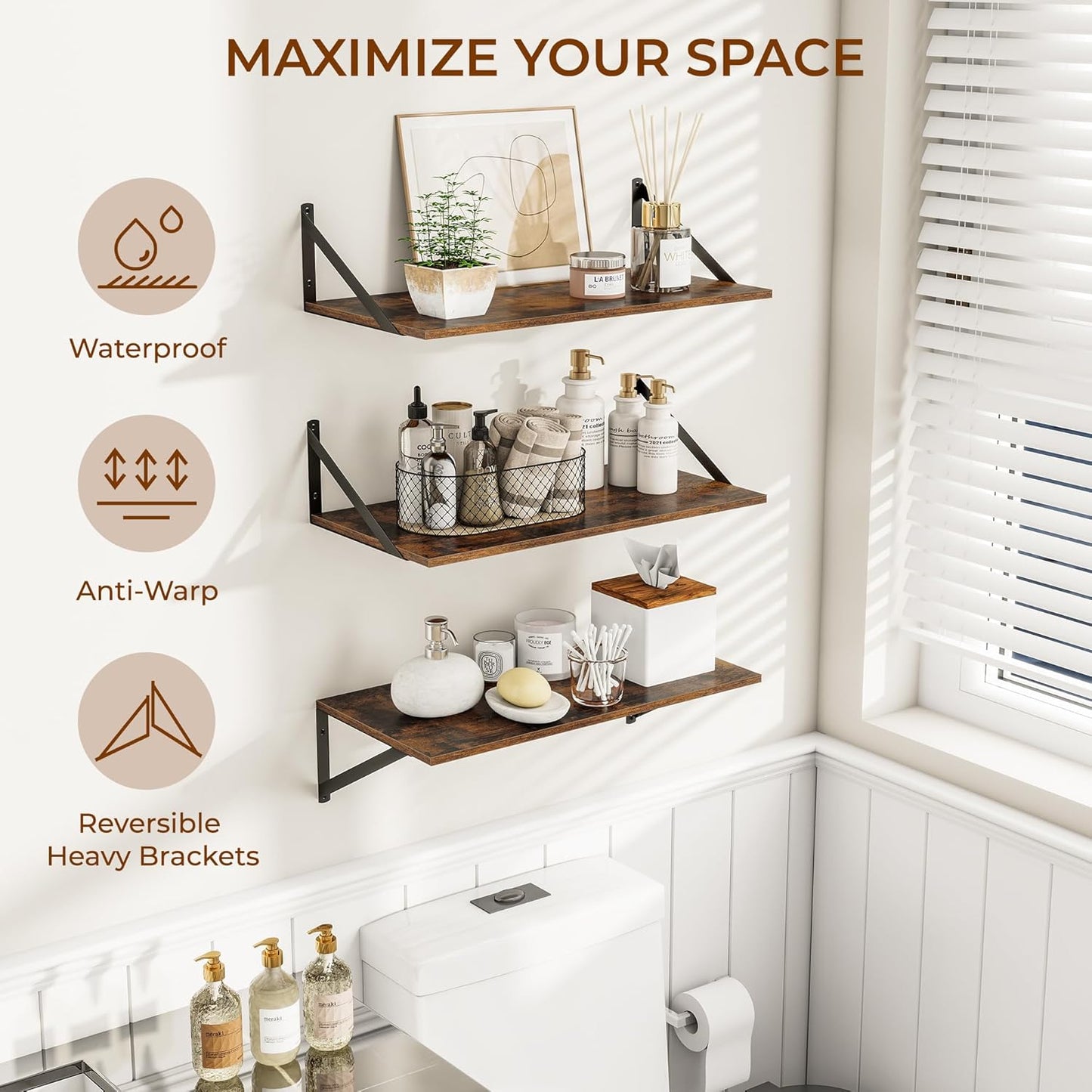 Heimlove 24" W x 12" D Wall Shelves for Books, 12 Inch Deep Floating Shelves Set of 3, Wide Floating Bookshelf with Metal Bracket for Living Room, Kitchen, Office, Bedroom and Decor - Rustic Brown