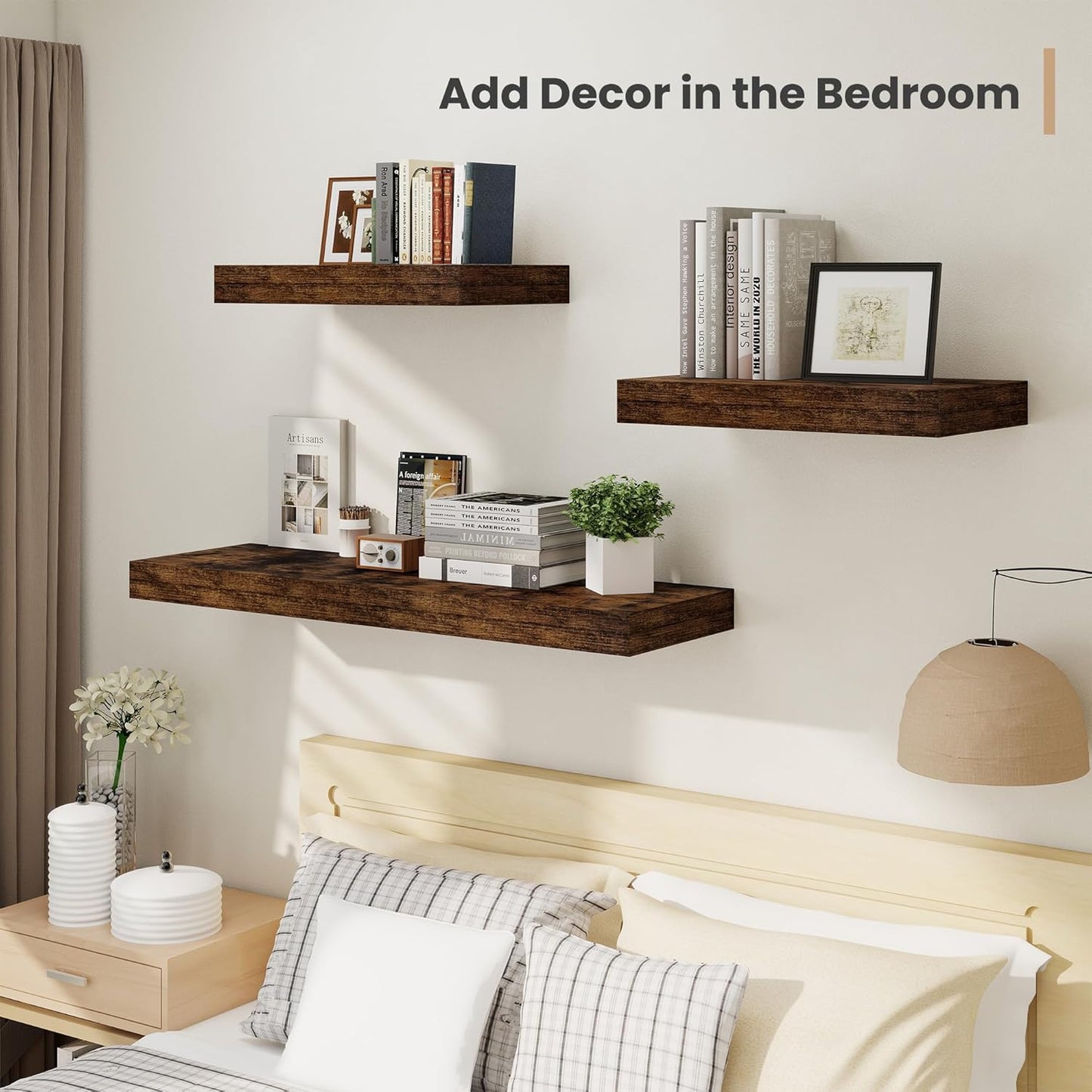 Heimlove 12" Deep Floating Shelves, 36 x 12 Inch Wall Mounted Long Floating Shelf with Invisible Brackets, for Home Decor, Bedroom, Kitchen, Living Room, Bathroom - 2 Pack, Rustic Brown