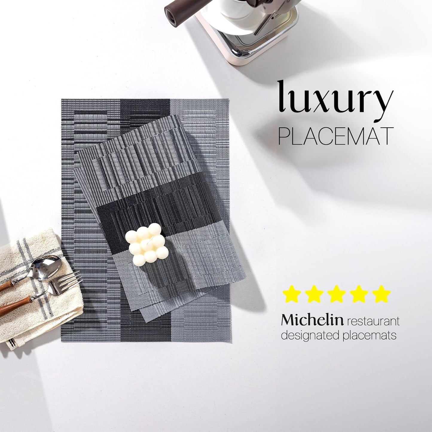 LEXMORE Placemats Set of 6 Vinyl/Plastic Woven Place Mats for Kitchen Table Indoor/Outdoor Washable Placemat Wipeable Dining Table Mats(Silver Gray Black)