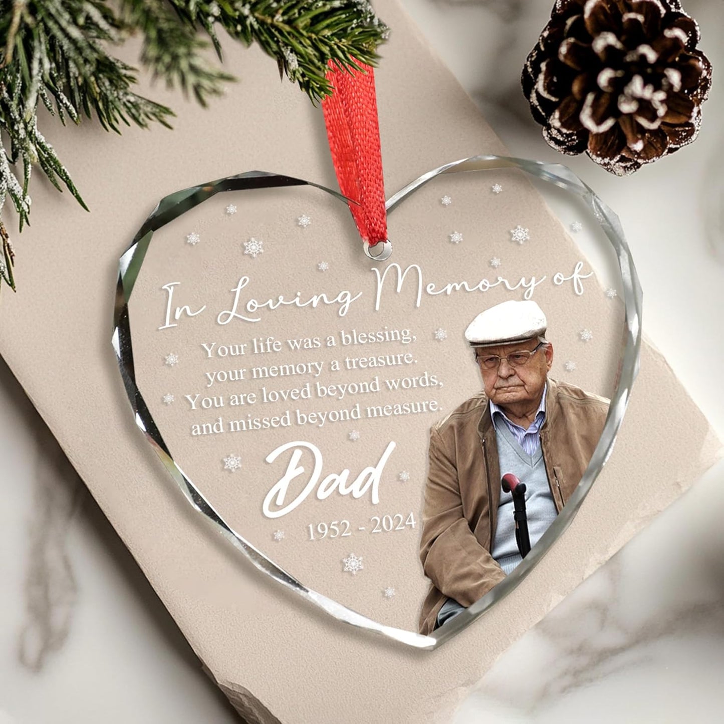 Personalized Heart-Shaped Memorial Ornament with Photo – Custom in Loving Memory Christmas Ornament for Dad – Rainbow Crystal Suncatcher with Loss of Father Quote – Remembrance Tree Decor