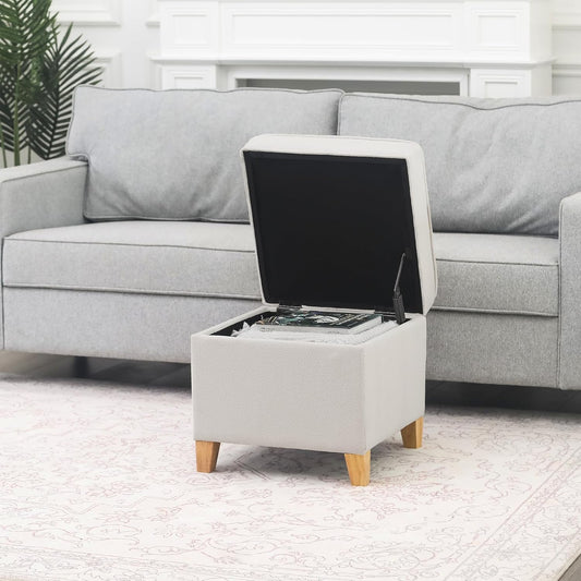 Adeco 17.5" Square Fabric Ottoman with Storage - Upholstered Cotton Linen Foot Rest - Flip Top Footstool with Sturdy Wood Legs, Small Cube Coffee Table Extra Seat for Living Room, Bedroom, White