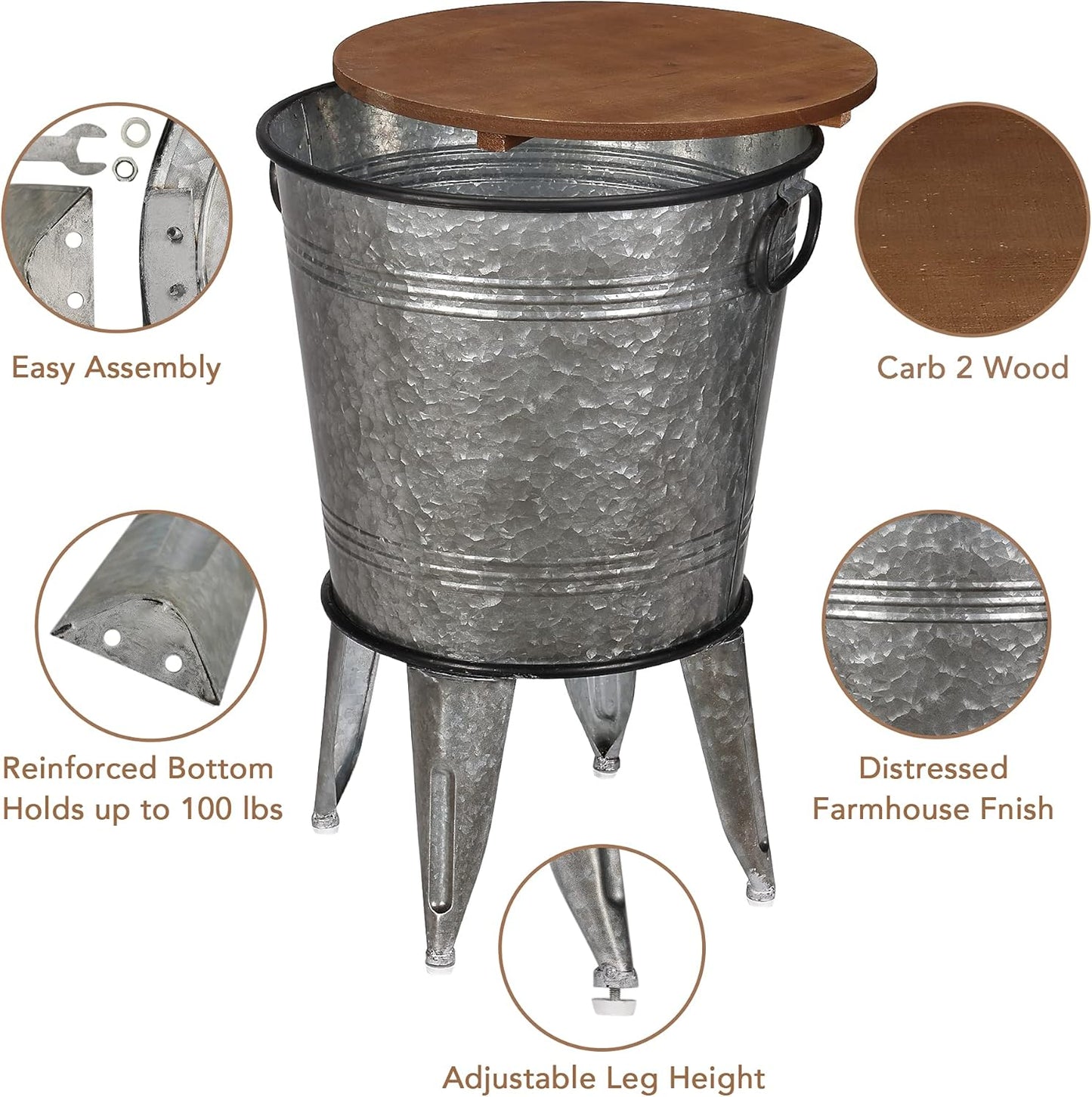 Rustee Rustic Storage Farmhouse Accent Side Table,Antique Galvanized Metal End Coffee Cocktail Table Box Bin with Round Wooden Lid Set of 2 (Galvanized),HC2009WT,One size
