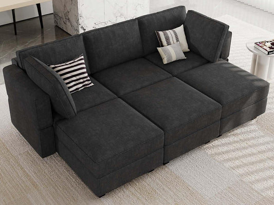 Belffin Terry Fabric Modular Sectional Sleeper Sofa Bed with Storage Convertible Sectional Couches for Living Room 6 Seaters Black Modular Sofa