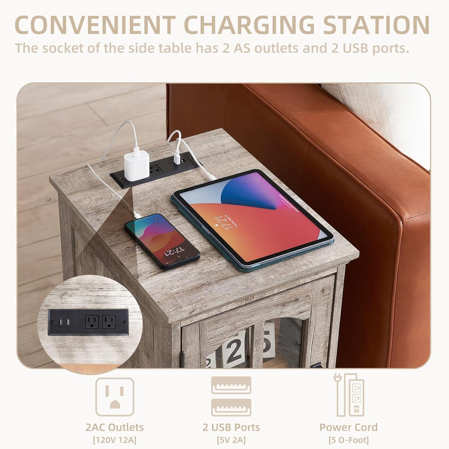 Narrow Side Table Set of 2,Farmhouse Nightstand with Charging Station,End Table with Glass Barn Door Storage, Cabinet Organizer with Adjustable Shelf, Night Stand for Small Spaces Living Room Bedroom