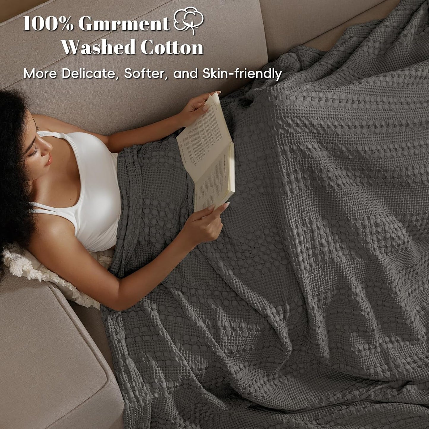 PHF 100% Cotton Waffle Weave Blanket Queen Size, Soft Lightweight Breathable Cozy Summer Blankets for Bed, Luxury Aesthetic Woven Bedding for Home Decor, 90"x90", Charcoal Grey