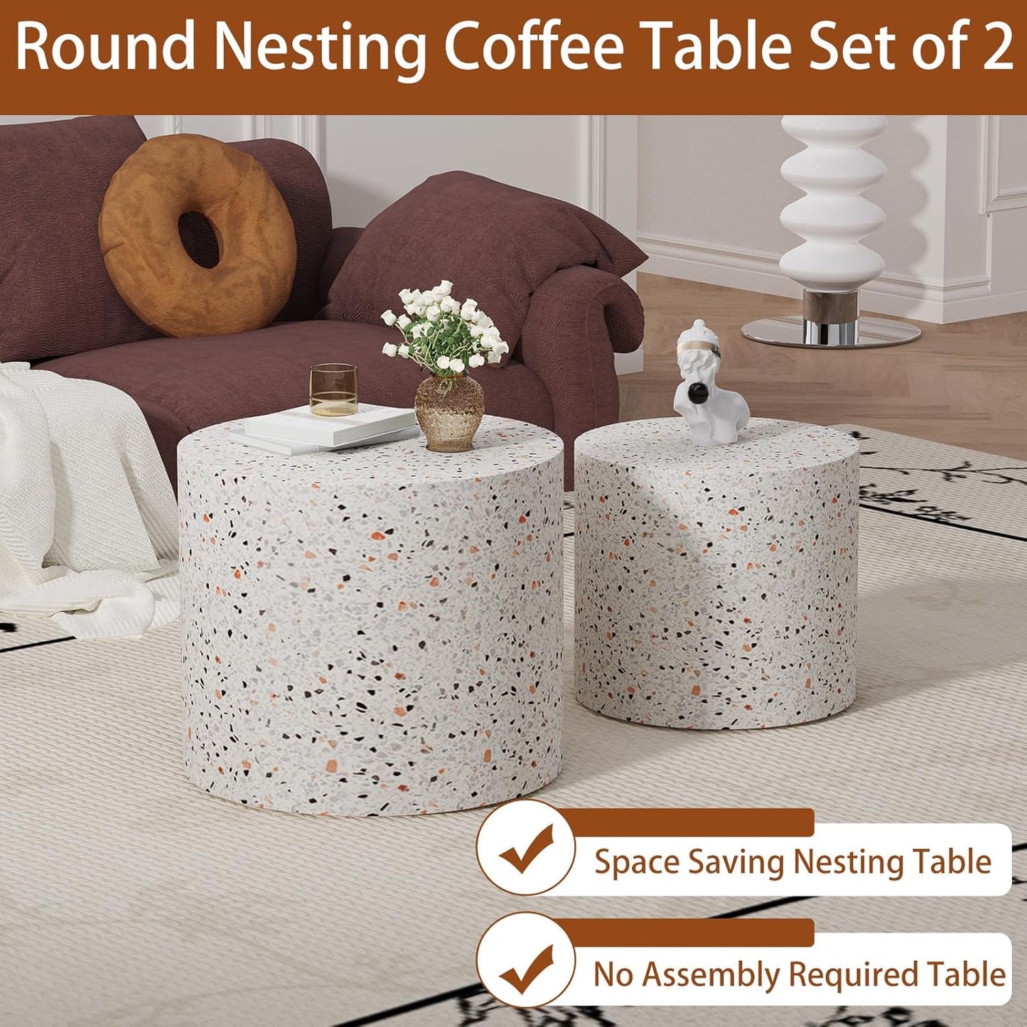 Terrazzo Round Nesting Coffee Tables 2 Piece Set - Contemporary Design, Sturdy Build, Multifunctional for Living Room, Office, and Balcony Use (Terrazzo 18.1in)