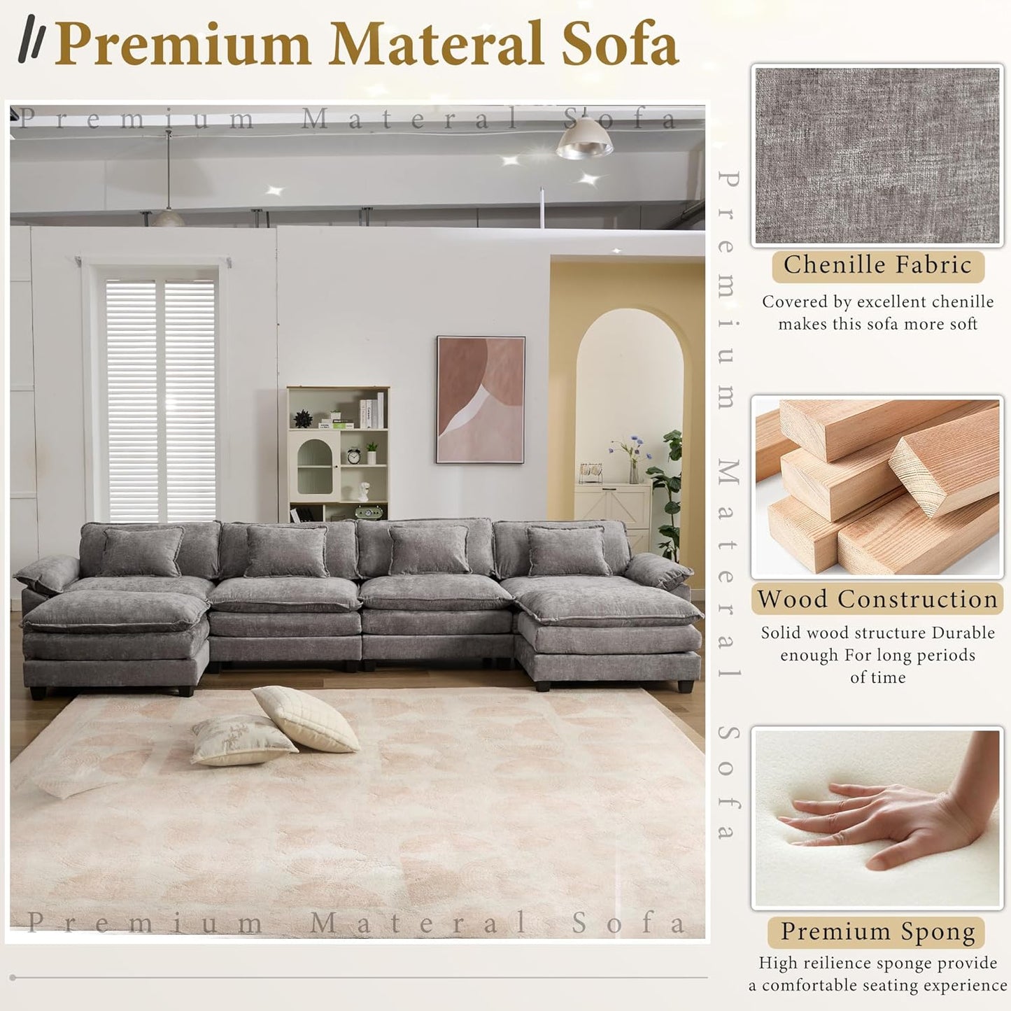 URRED Modular Sectional Sofa Comfy Cloud Couch, Modern Chenille Sofa Sleeper Deep Seat Couches with Ottoman/Pillows for Living Room (Gray, 154'' - U Shape)