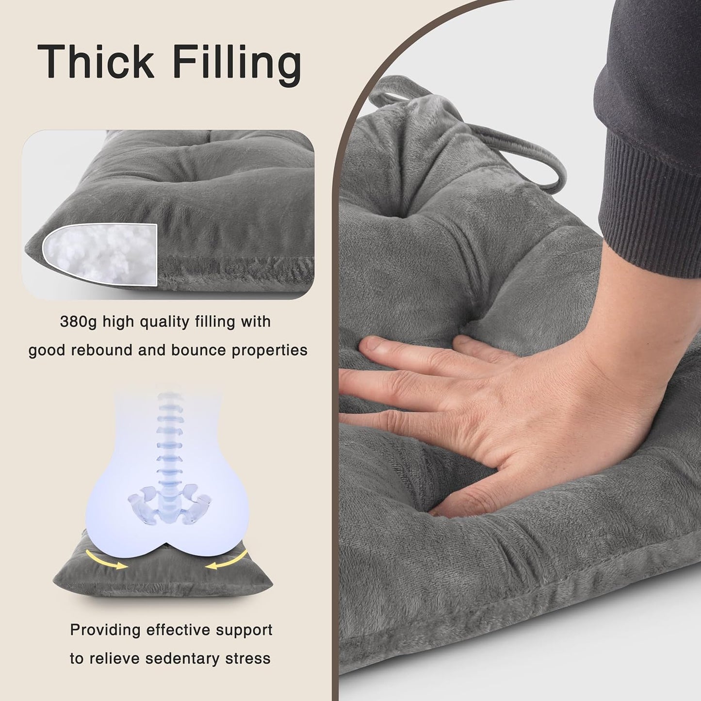 OVOV Chair Cushions for Dining Chairs Set of 6 Tufted Indoor Chair Pads with Ties Soft Square Seat Cushions for Kitchen Chairs 15.5"x15.5",Grey