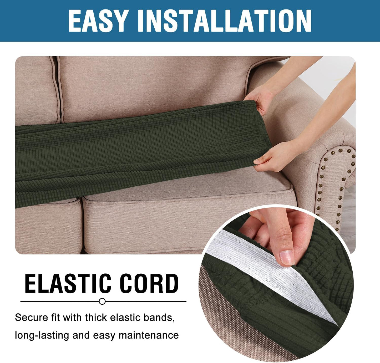 H.VERSAILTEX Super Stretch Individual Seat Cushion Covers Sofa Covers Couch Covers Slipcover Sets Thick Jacquard Textured Twill Fabric (3 Piece XL Sofa Cushion Covers, Olive)