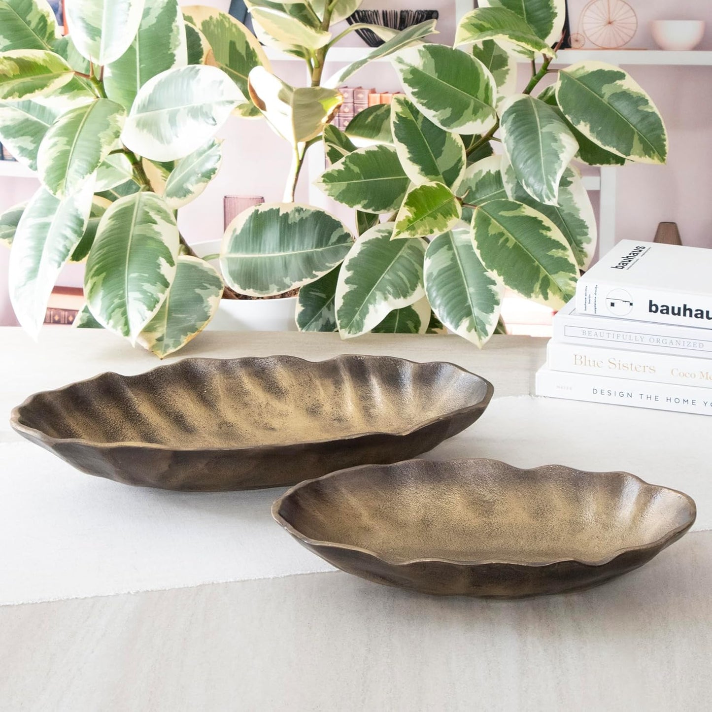 ANDALUCA Set of 2 Oval Metal Decorative Table Bowls, Bronze Finish
