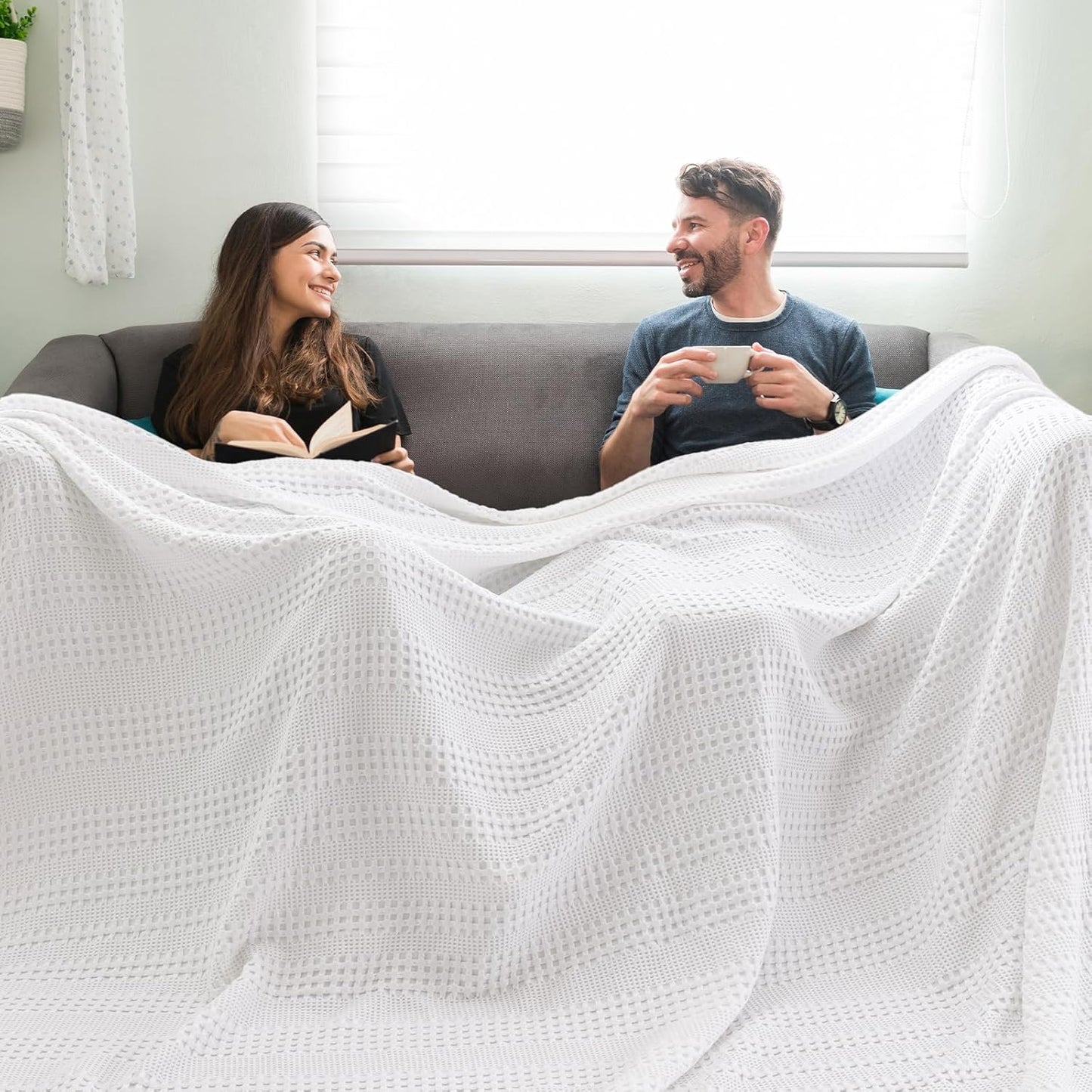 PHF Cooling Waffle Blanket California King Size, Lightweight 60% Rayon Derived from Bamboo & 40% Cotton Breathable Blanket for Hot Sleepers, Soft and Luxury for Bed Couch and Sofa, 110"x96", White