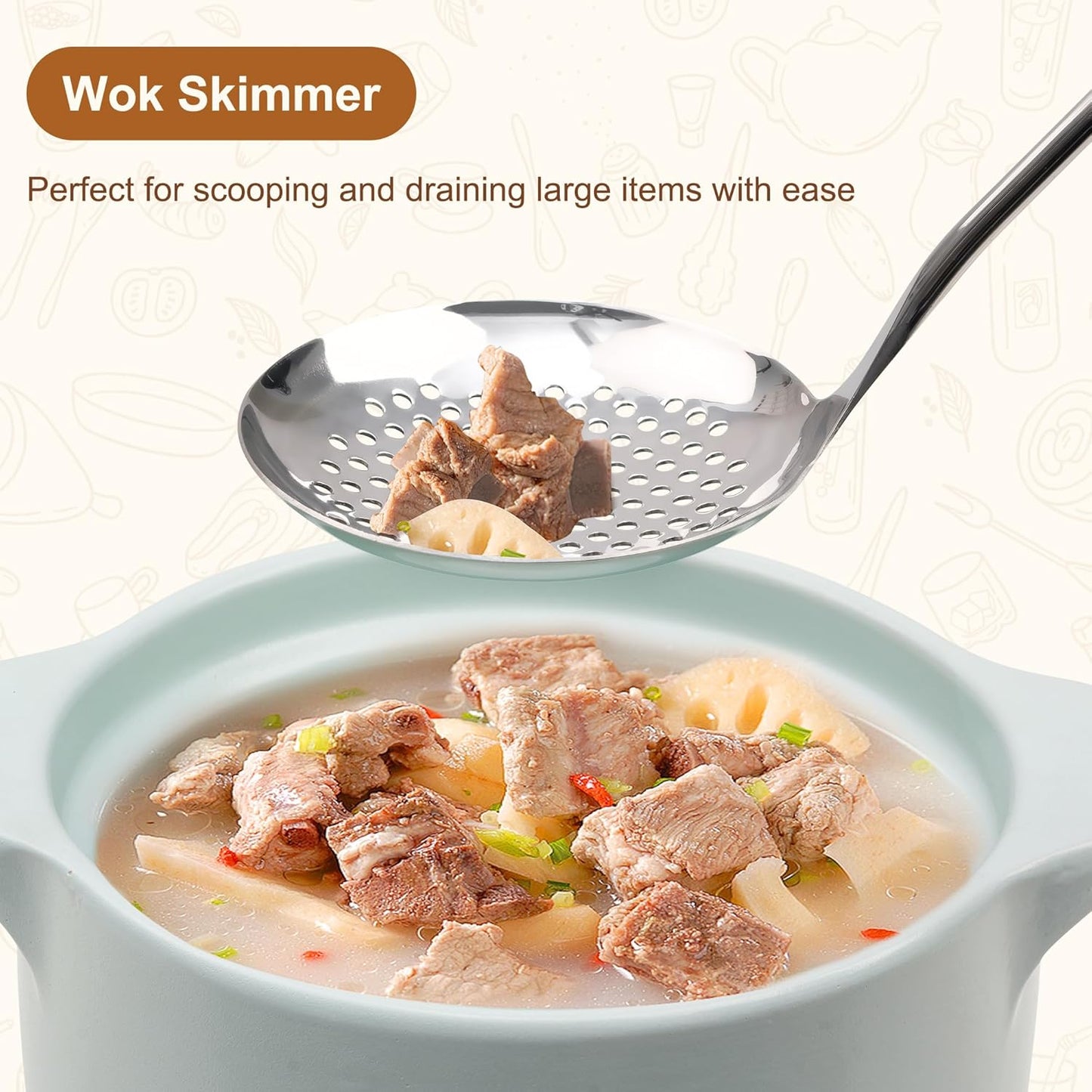 FJNATINH Stainless Steel Wok Tools Set,Wok Utensil - Wok Spatula,Turner,Ladle,Skimmer Tool Set,Mirror Polished Stainless Steel Cooking Utensils 14.6-15.2" Kitchen Utensils Cookware, Pack of 4