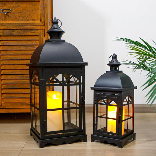 TRIROCKS Set of 2 Decorative Vintage Candle Lanterns 14.5"&20" H Farmhouse Outdoor Hanging Lanterns with Tempered Glass for Porch, Balcony, Patio, Home, Centerpieces, Indoor, Outdoor(Black)
