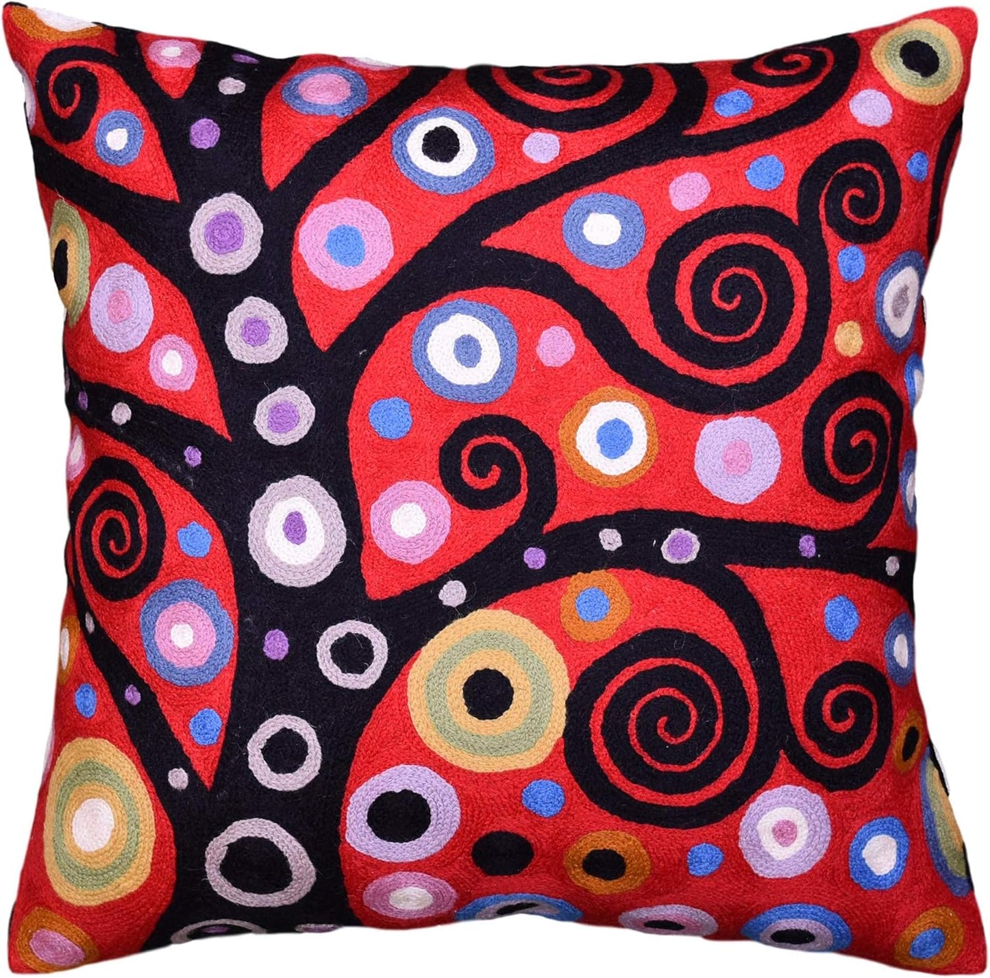 Klimt Tree of Life Pillow Cover | Red Floral Pillowcase | Flower Accent Pillows |Suzani Cushions | Flower Pillows | Modern Floral Cushion Cover | Hand Embroidered Wool Size - 18x18
