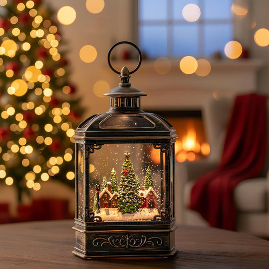Christmas Snow Globe Lantern Water Glittering Xmas Village with Music & Timer, USB Lined/Battery Operated Lighted Lantern for Christmas Festival Decoration Gifts