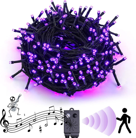 Rotu Halloween Lights Outdoor 114.8 ft 300 LED String Lights with Music Sync Spooky Sounds Halloween Decorations Fairy Lights Indoor Waterproof for Yard Porch Haunted House Decor (Purple)