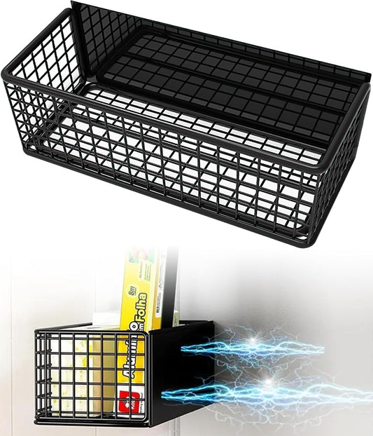 Magnetic Basket Fridge Organizer Wire Bins Pencil Holder Whiteboard Accessories Home Kitchen Organization (Black-High)