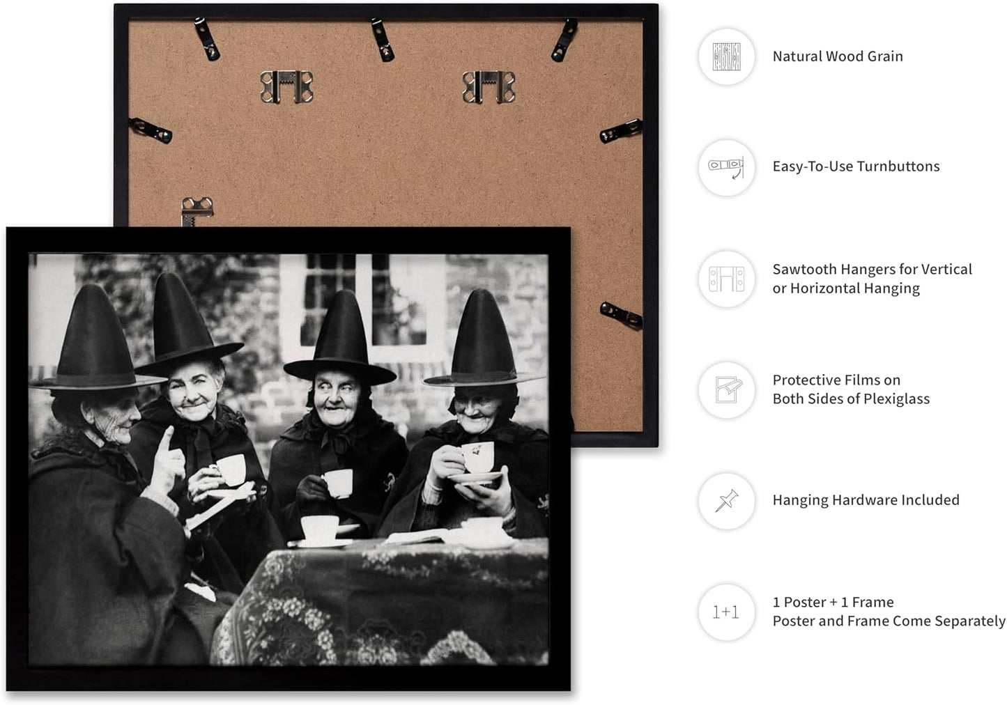 Poster Master Classic Photograph Poster - Vintage Halloween Print - Gift for Artist, Friend - Witches Tea Party, Old Women Smiling, Wearing Robes - Wall Decor for Living Room, 16x20 Black Framed