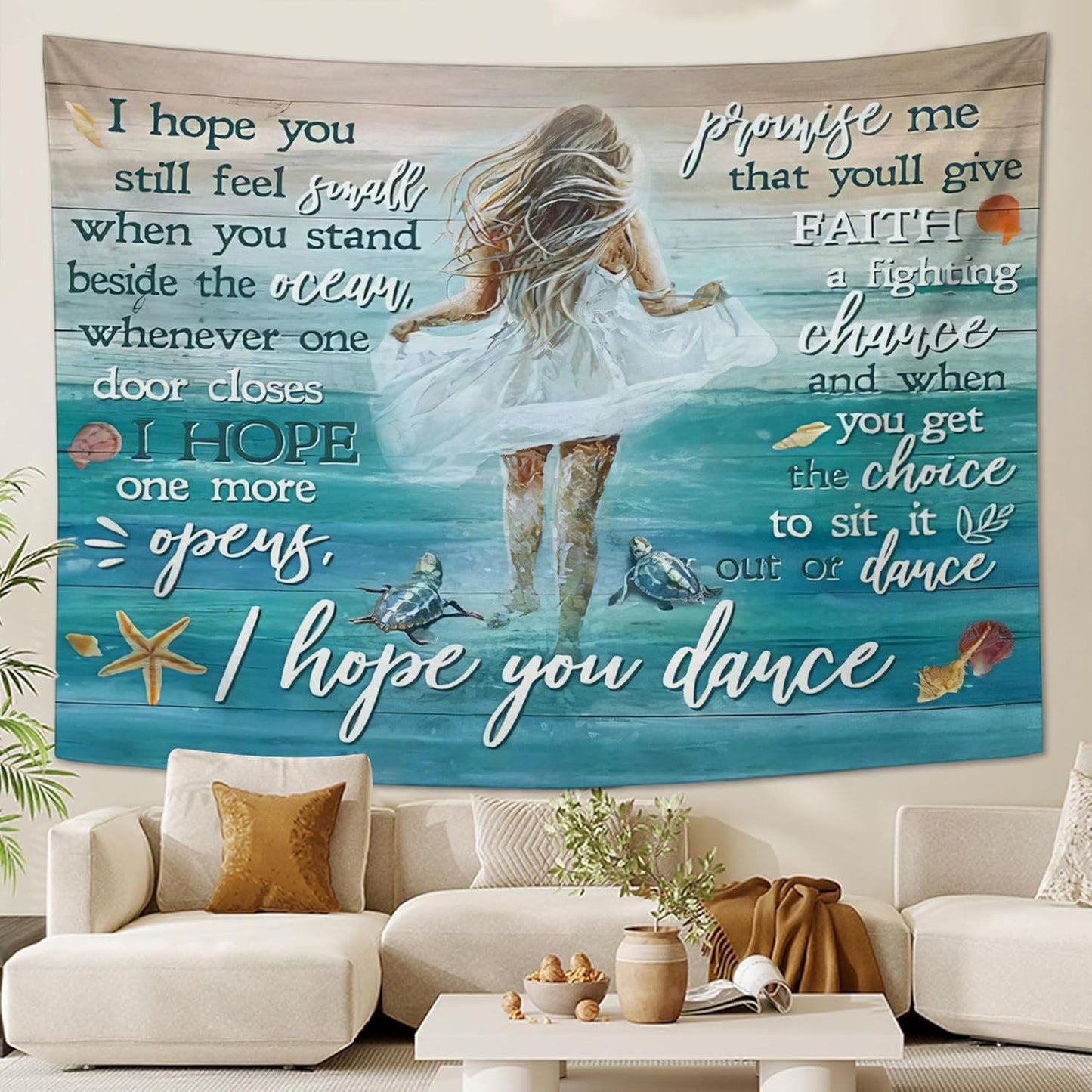 Coastal Beach Tapestry I Hope You Dance Tapestry Wall Hanging for Bedroom Sea Turtle Tapestries Aesthetic Wall Decor for Home Dorm Living Room 40"x60"