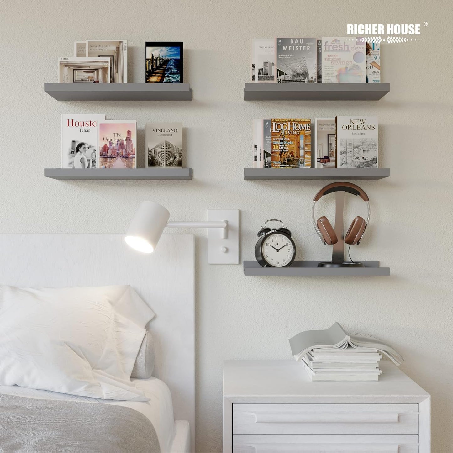 RICHER HOUSE Mounted Shelves for Wall Decor, Modern Picture Ledge Shelf with Lip for Wall Storage Nursery, Bedroom, Living Room, Bathroom - Grey