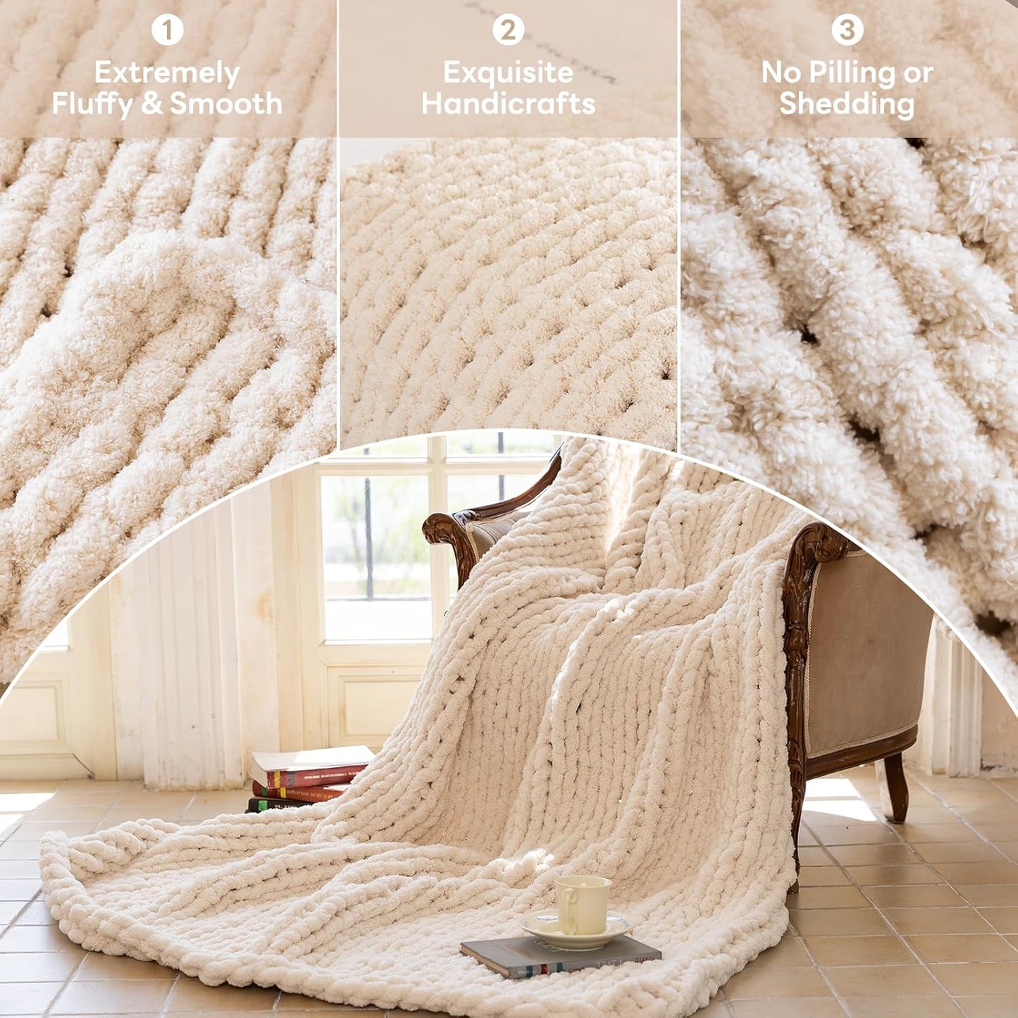 Chunky Knit Blanket - Luxury Soft Cozy 61 * 79 Bold Throw Blanket,100% Woven Blanket Rope Knot Throw Blanket for Couch, Sofa, Home Decor, Gift - Machine Washable（Cream）